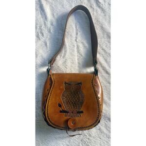 Vintage Tooled Brown Leather Small Shoulder Bag Owl Hippie Boho 60-70's